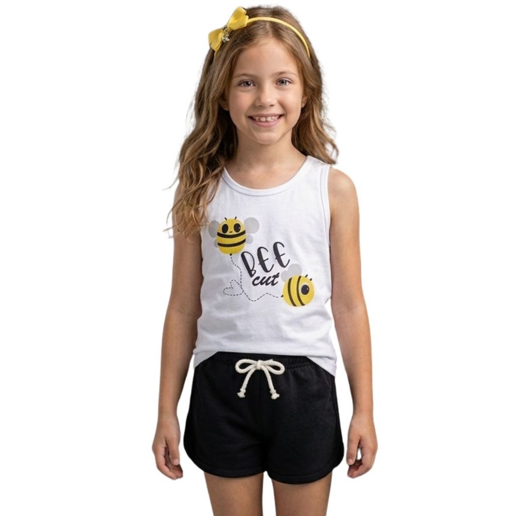 Conjunto Infantil Menina Verão 100% Algodão Blusa Meia Malha Estampada + Short Moletinho com Elástico Roupa Infantil