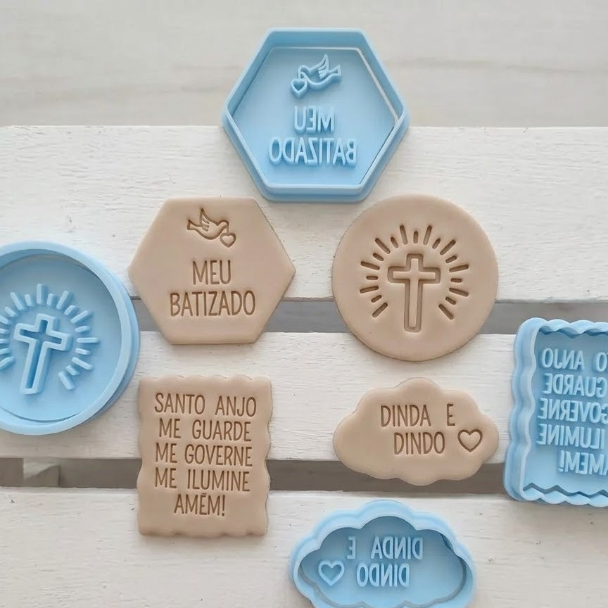Batizado Cortador de Biscoito Bolacha Carimbo Cookies Biscuit Religião Batismo Igreja Espirito Santo Dindo e Dinda