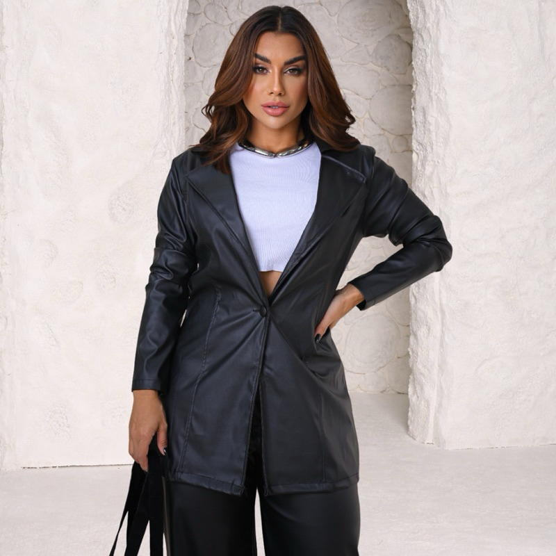 Parka feminina de couro fake sobretudo jaqueta em Oferta na Shopee