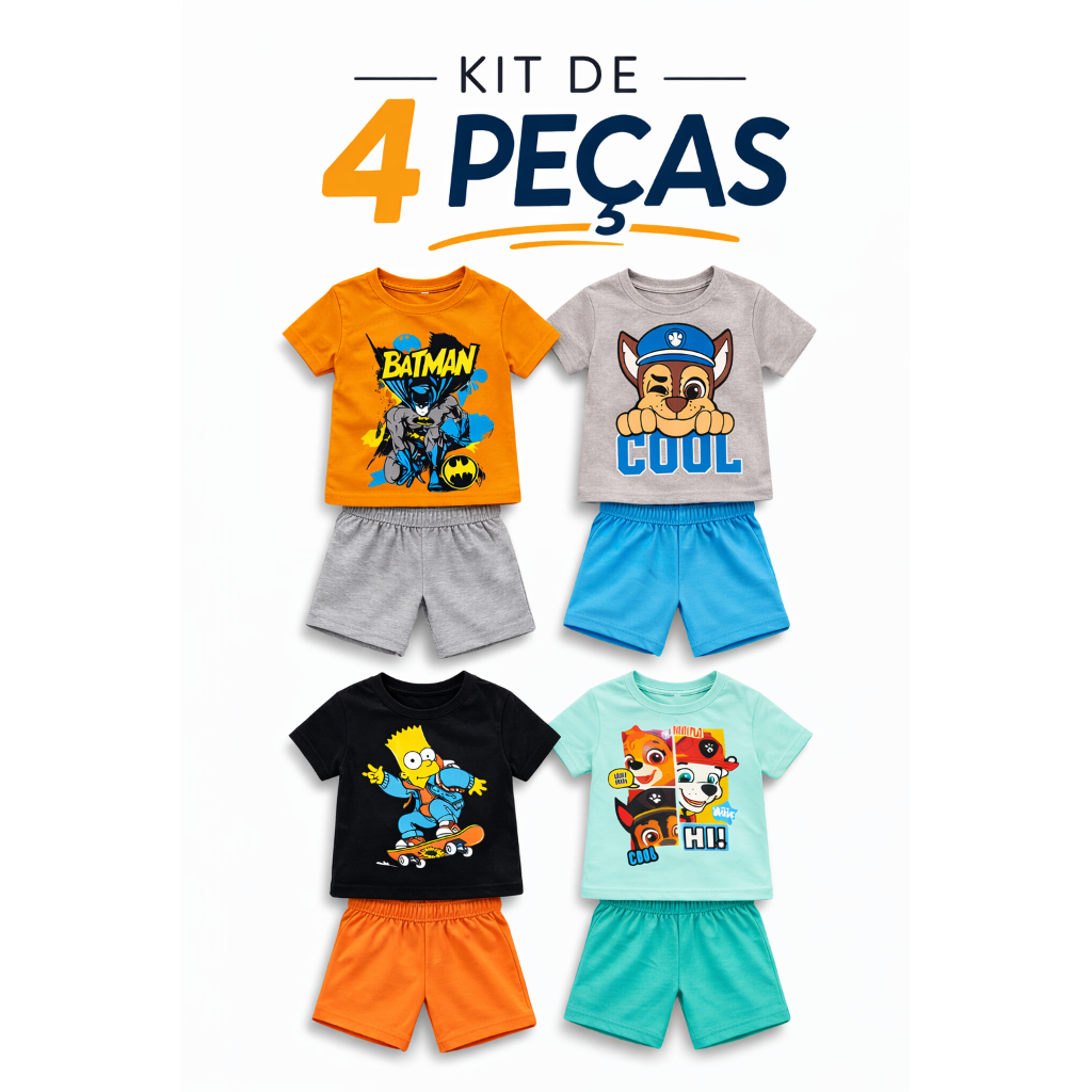 Kit 4 Peças de Roupas Infantil Menino 2 Camiseta e 2 Bermuda - Kit com 2 Conjunto Masculino Verão