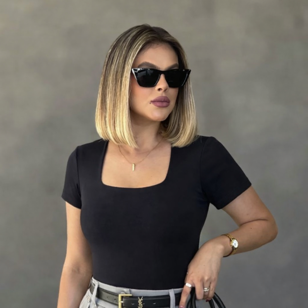 Blusa BabyLook Feminina Básica Com Decote Quadrado Com Manga Curta Moda Casual Versátil Blogueira Envio Em Até 24HRS