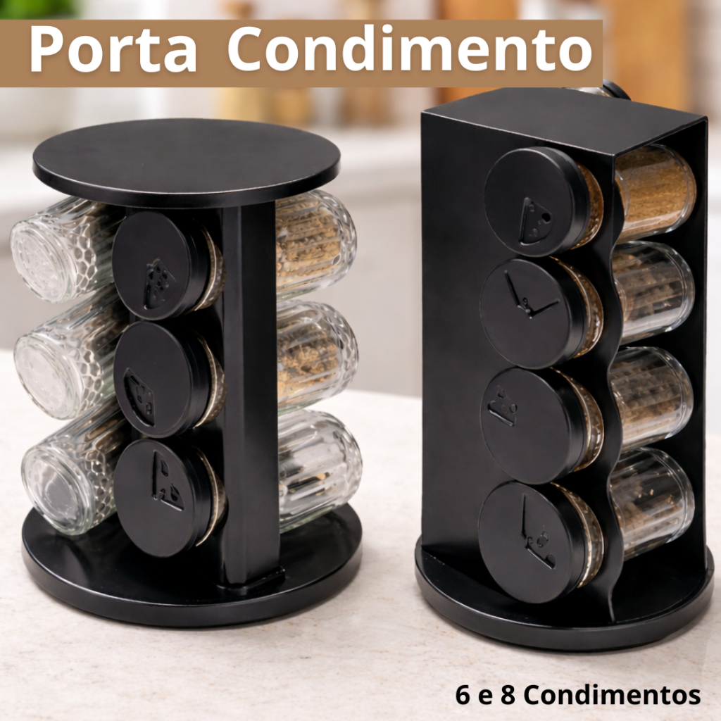 Porta Tempero Giratório Preto Com 6/8 Potes Vidro Reforçado Premium