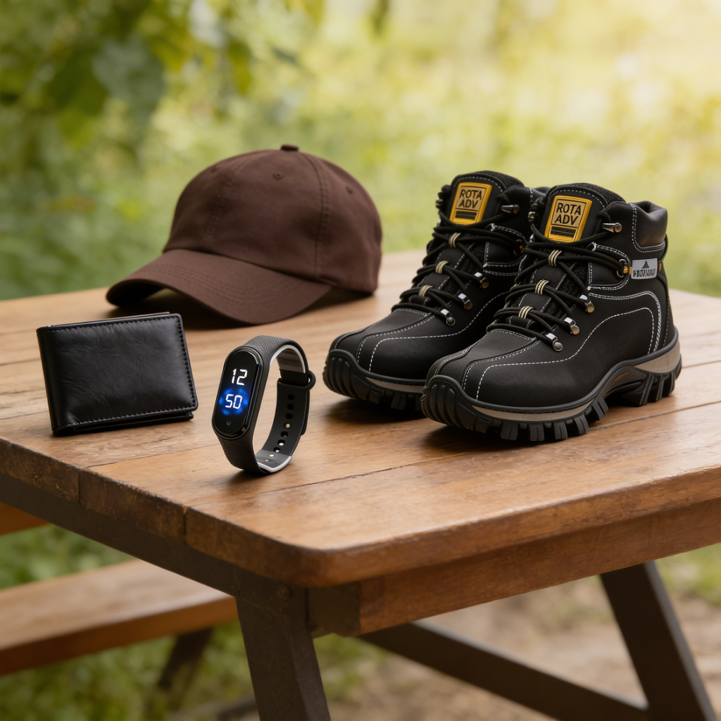Kit Masculino Completo Coturno Preta Adventure + Boné Marrom + Smartband + Carteira Preta Estilo Casual Presente
