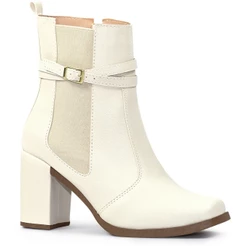 Bota Feminina Lumiss Salto Alto Bloco Confortável Cano Curto Elástico Zíper Blogueira Off White