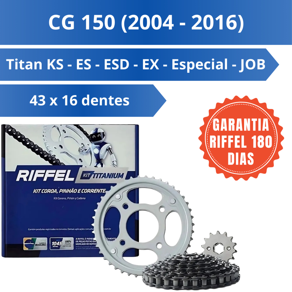 Kit Relação Transmissão CG 150 Titan (2004-2016) – Riffel Titanium Aço 1045 em Oferta na Shopee