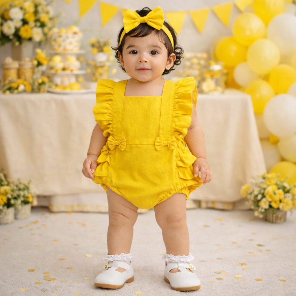 Romper Jardineira Body Amarelinho Liso Mesversário Princesa Bunda Rica Festa Fantasia