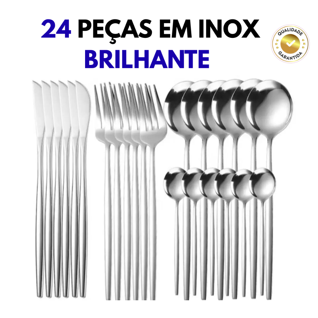 Faqueiro Inox Talheres 24 Peças Aço Inox Prata Conjunto Garfo Faca Colher Resistente Mesa Luxo