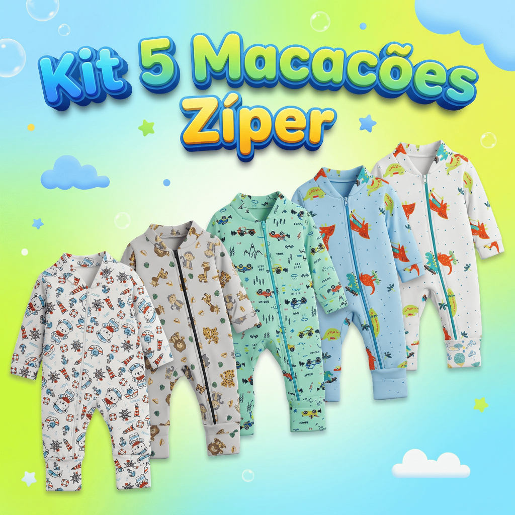 Kit 5 Macacão Estampado Ziper Menino Bebê Algodão Vira Pé Inverno Verao Infantil Macio Macacões
