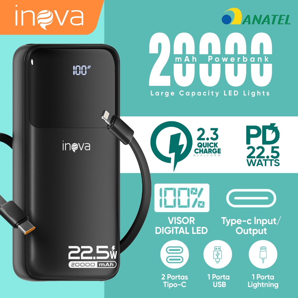 INOVA Power Bank 20000mAh Carregador Portátil Turbo 22.5W Visor LED Tipo C Lightning em Oferta na Shopee