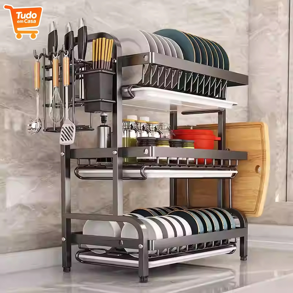 2/3 andar Escorredor de Louça Duplo Multifuncional Suporte para Pratos, Talheres e Tábua de Corte