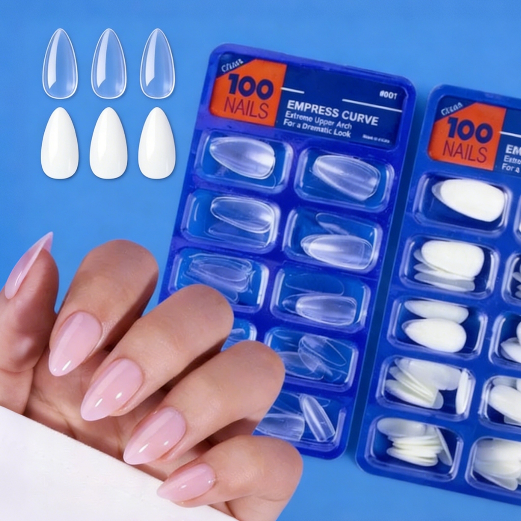 Kit 100 Unhas Postiça Almond Amendoada Realista Transparente Leitosa