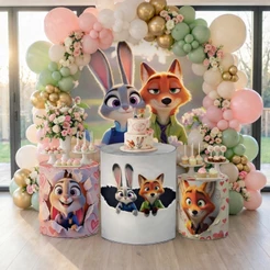 Capa De Painel Redondo + 3 Capas De Cilindro Sublimados Tema Zootopia Festa Aniversário Personagem Envio Rápido