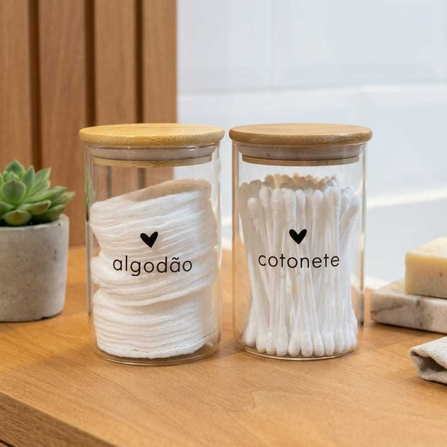 Kit Potes Herméticos Algodão e Cotonete Pote de Vidro e Bambu