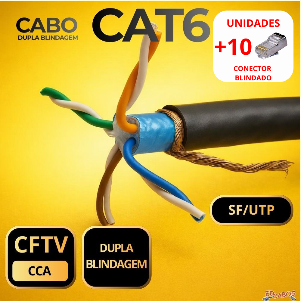 Cabo CAT6 STP BLINDADO CFTV DUPLA BLINDAGEM + 10 CONECTORES BLINDADO
