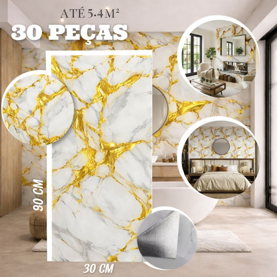 Kit 10/20/30 Pcs Placas Adesivas Marmore Painel Autocolante 3D Vinil 30x60 Cobre 1.8/3.6/5.4m2