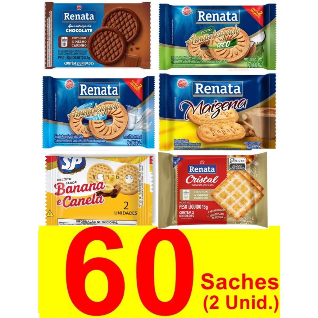 60 un Biscoitos Sortidos Sache Amanteigados Renata Sabores Chocolate Leite Coco Banana Cristal em Oferta na Shopee