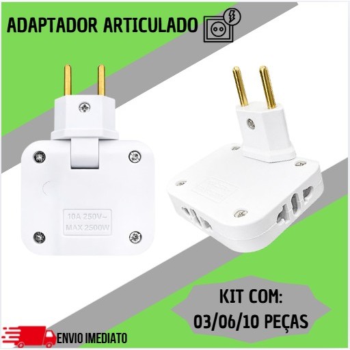 Kit Adaptador Tomada Articulado Triplo Bivolt Plug 10A 03 Entradas 10A (Branco/Preto - aleatório) em Oferta na Shopee