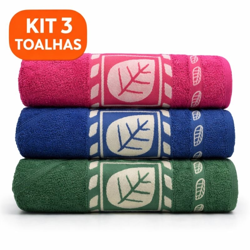 Kit 3 Toalhas De Banho Luxo Gigante Elegante Grossa Macia 70x140cm Algodão Folha Verde Rose e Azul em Oferta na Shopee
