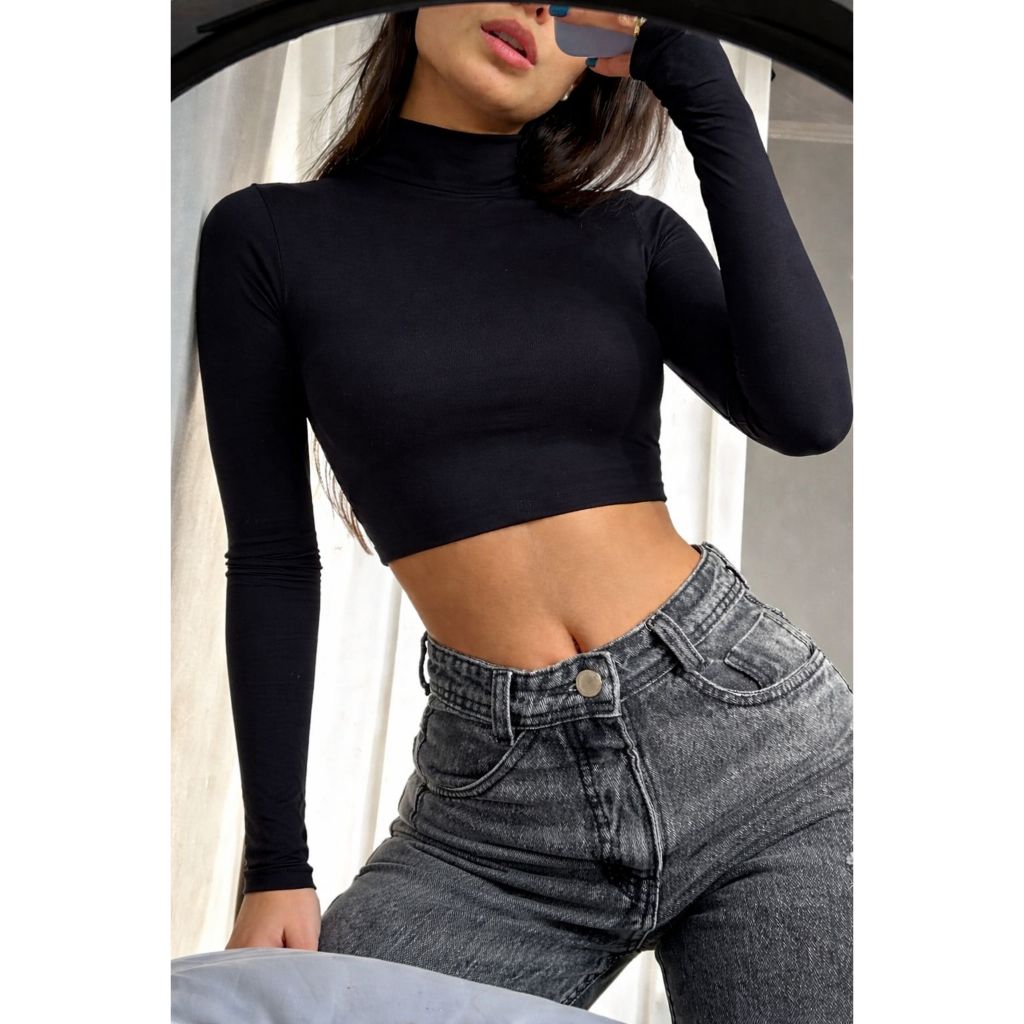 Cropped feminino manga longa gola alta suplex ajustado blusa feminina moda blogueira