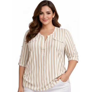 BLUSA FEMININA SOCIAL PLUS SIZE LISTRADA CONFORTAVEL ELEGANTE em Oferta na Shopee