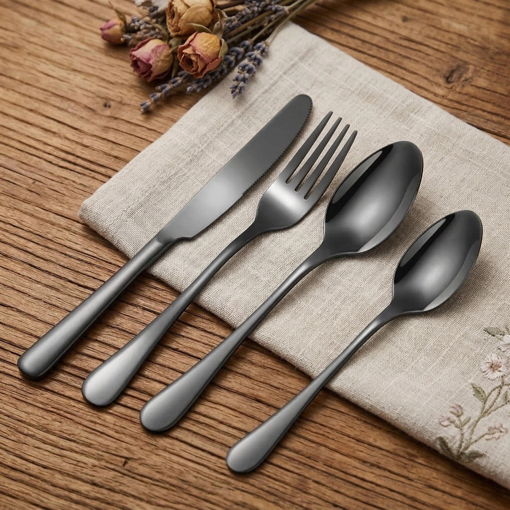 Kit 24 Jogo De Talheres Para Bife Aço Inoxidável 416 Preto Com Colher Pequena