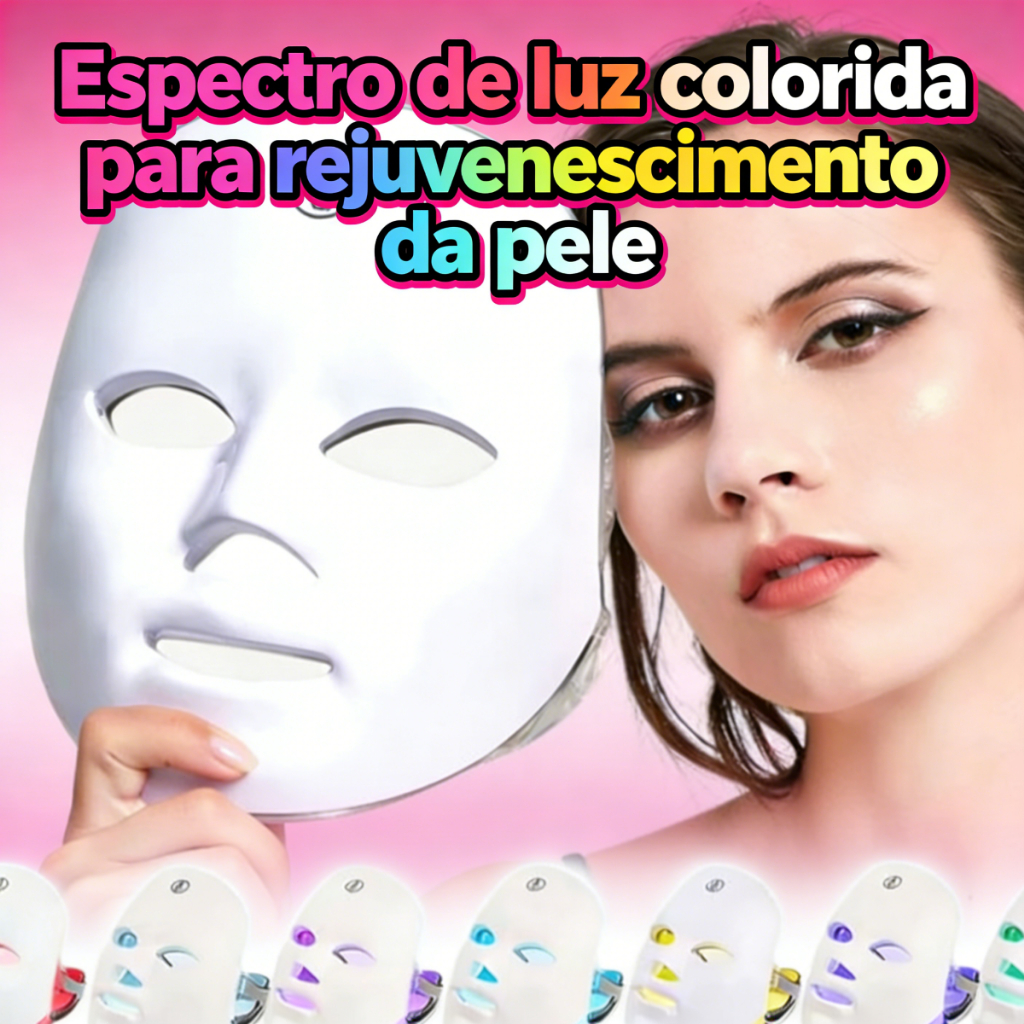 Máscara Facial LED 7 Cores – Profissional para Tratamento em Casa Clareia a Pele, Firmadora, Antienvelhecimento
