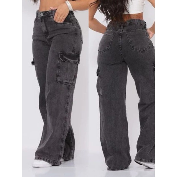 Calça Cargo Feminina Jeans Bolso Pantalona Wide Leg Escura Preta Grafite 36 ao 46