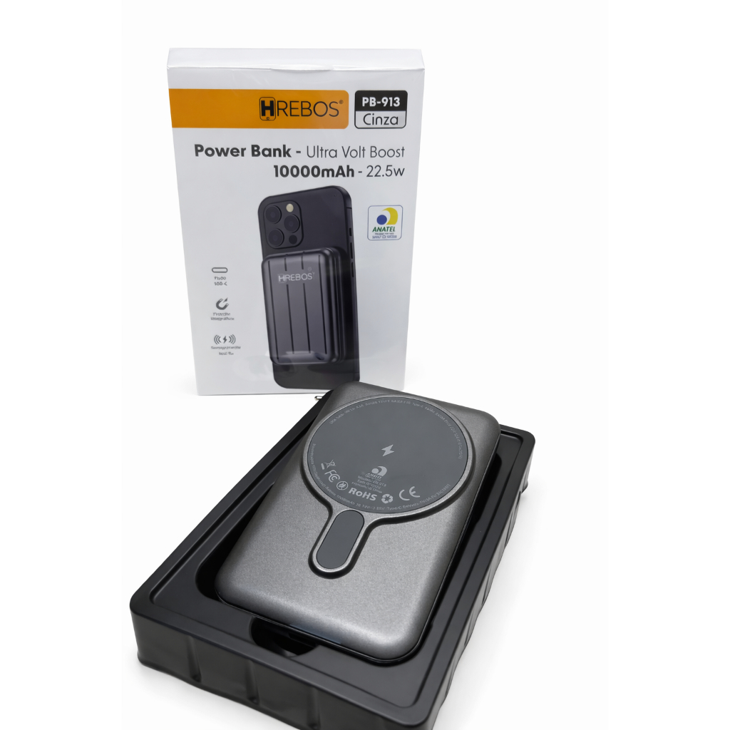 Power Bank Rebós 10000mAh 22.5W Turbo com Carregamento Sem Fio Wireless e Display LED – Ultra Volt Boost PB-913