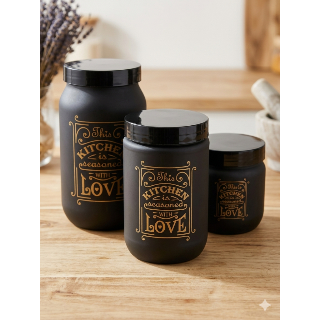 Kit 3 Pote Porta Mantimento De Vidro Kitchen Love p/ decoração cozinha