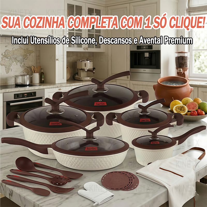 Conjunto De Panelas Antiaderente 22 Peças Com Tampa De Vidro E Kit Utensílios Cozinha