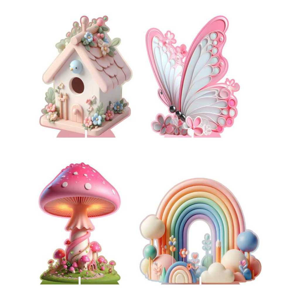 Kit 4 Displays Jardim Encantado  AQUARELA 3D 20cm - Totem Decoração Aniversário - ENVIO RÁPIDO
