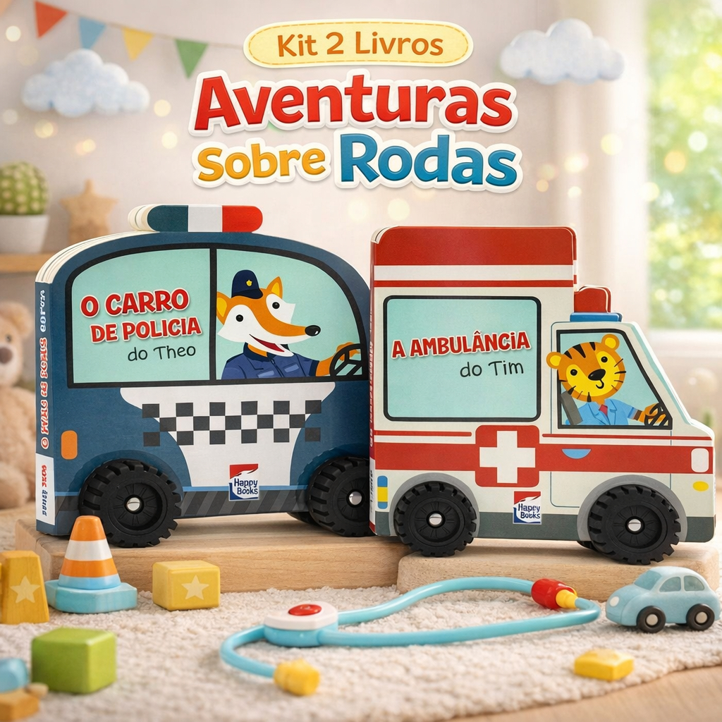 Kit 2 Livro Carrinho Infantil Aventuras Sobre Rodas Interativo com Rodinhas Funcionais para Criança