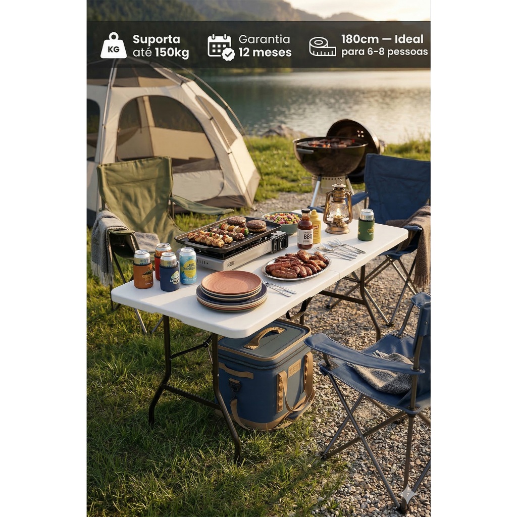 Mesa Dobrável Portátil 1,80m Vira Maleta  HDPE Resistente Suporta 150kg Festa  Churrasco Camping Escritório com Alça