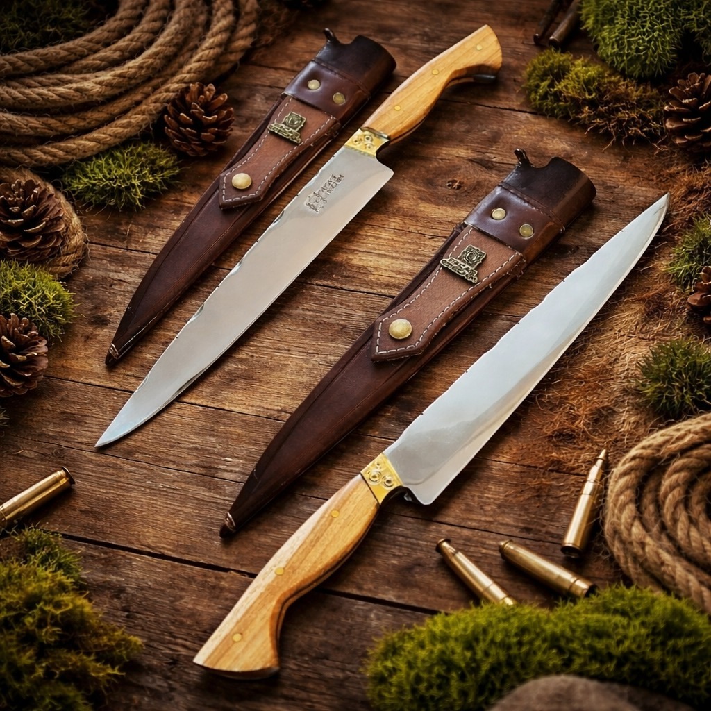 Faca Artesanal Javalizeira 10 Polegadas Aço Inox 420 Cabo Em Madeira Bainha Em Couro 100% Natural Personalize Com Nome