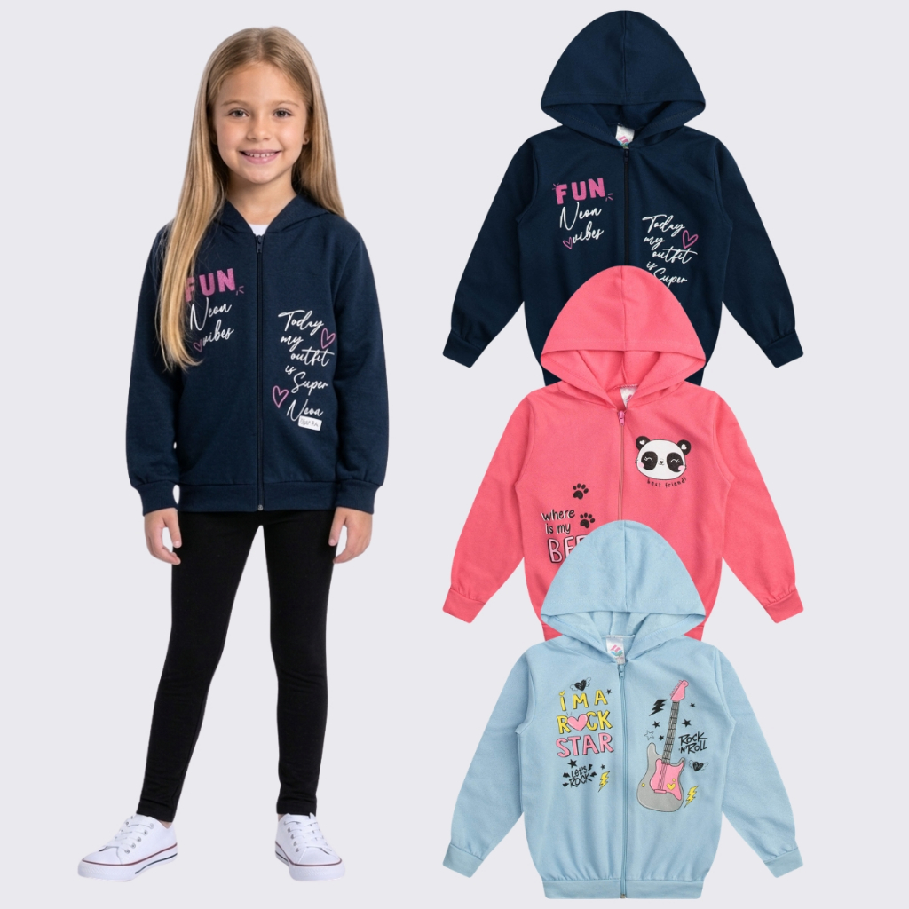 Kit 3 Jaqueta Moletom Infantil Juvenil Menina Ziper Feminino