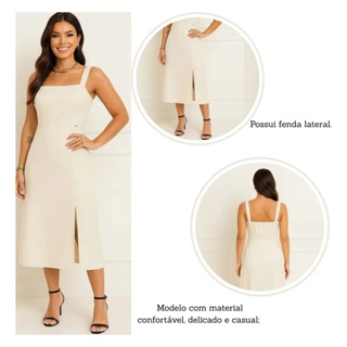 VESTIDO FEMININO ALFAIATARIA COM FENDA ALÇA LARGA GROSSA ESTILOSO DE LINHO em Oferta na Shopee