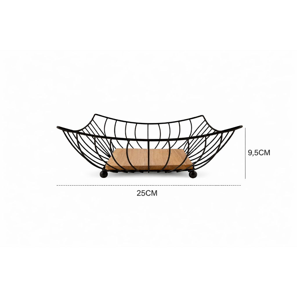 Detalhes do Fruteira de Mesa Quadrada feita com metal e Base de Madeira - Moderna, Elegante, Prática