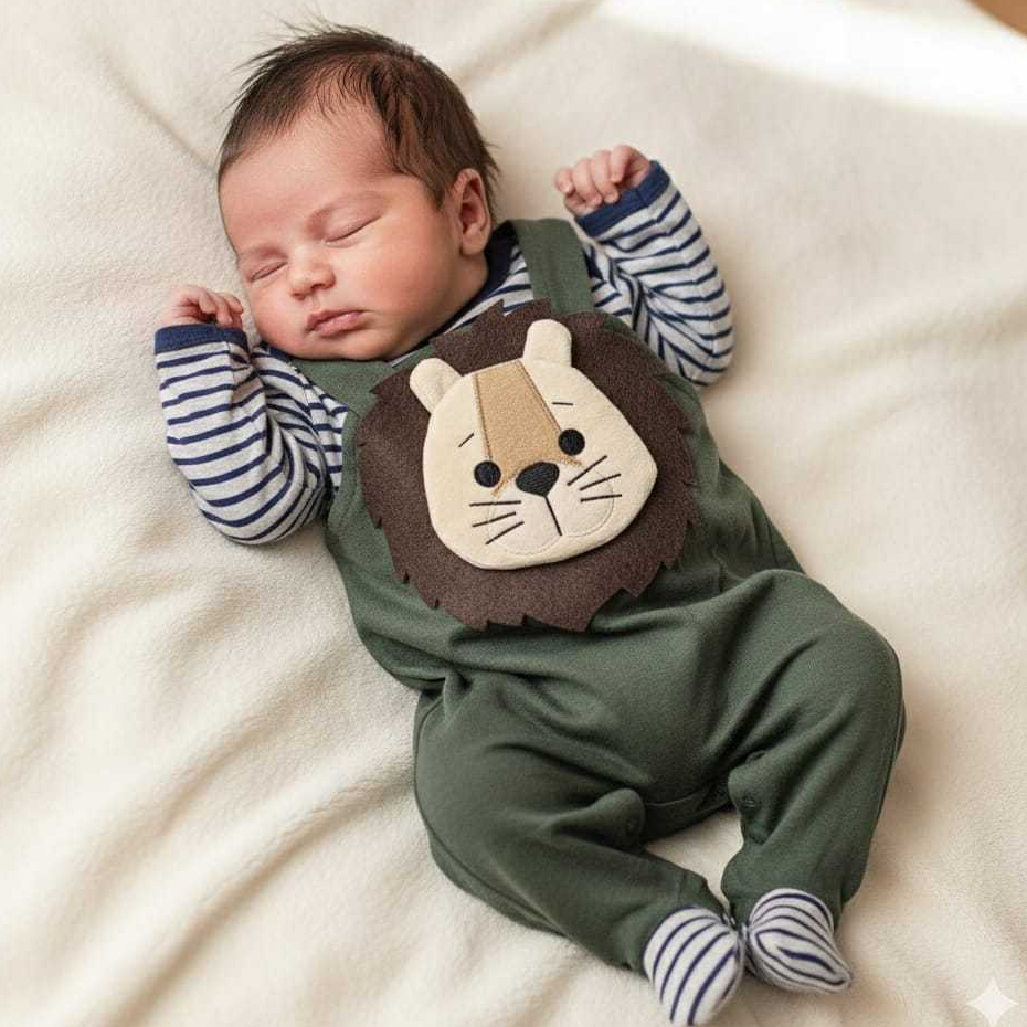 Macacão de Menino Jardineira com Body Manga Longa Kids Leãozinho Verde Militar