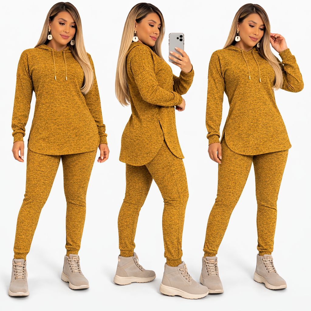 Conjunto Lãzinha feminino, com capuz, manga longa e bolso, perfeito para as estações outono/inverno. Casual e elegante em Oferta na Shopee