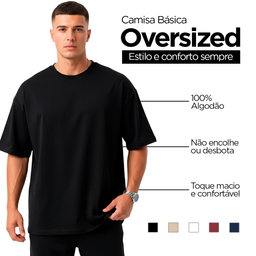 Camiseta Oversized Masculina 100% Algodão Confortável Casual Macia para Treinos Academia Corrida
