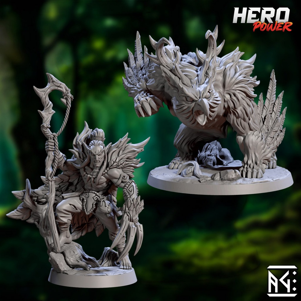 Miniatura RPG Elfo Druida e Urso Coruja | Transformação Druída | Dungeons And Dragons