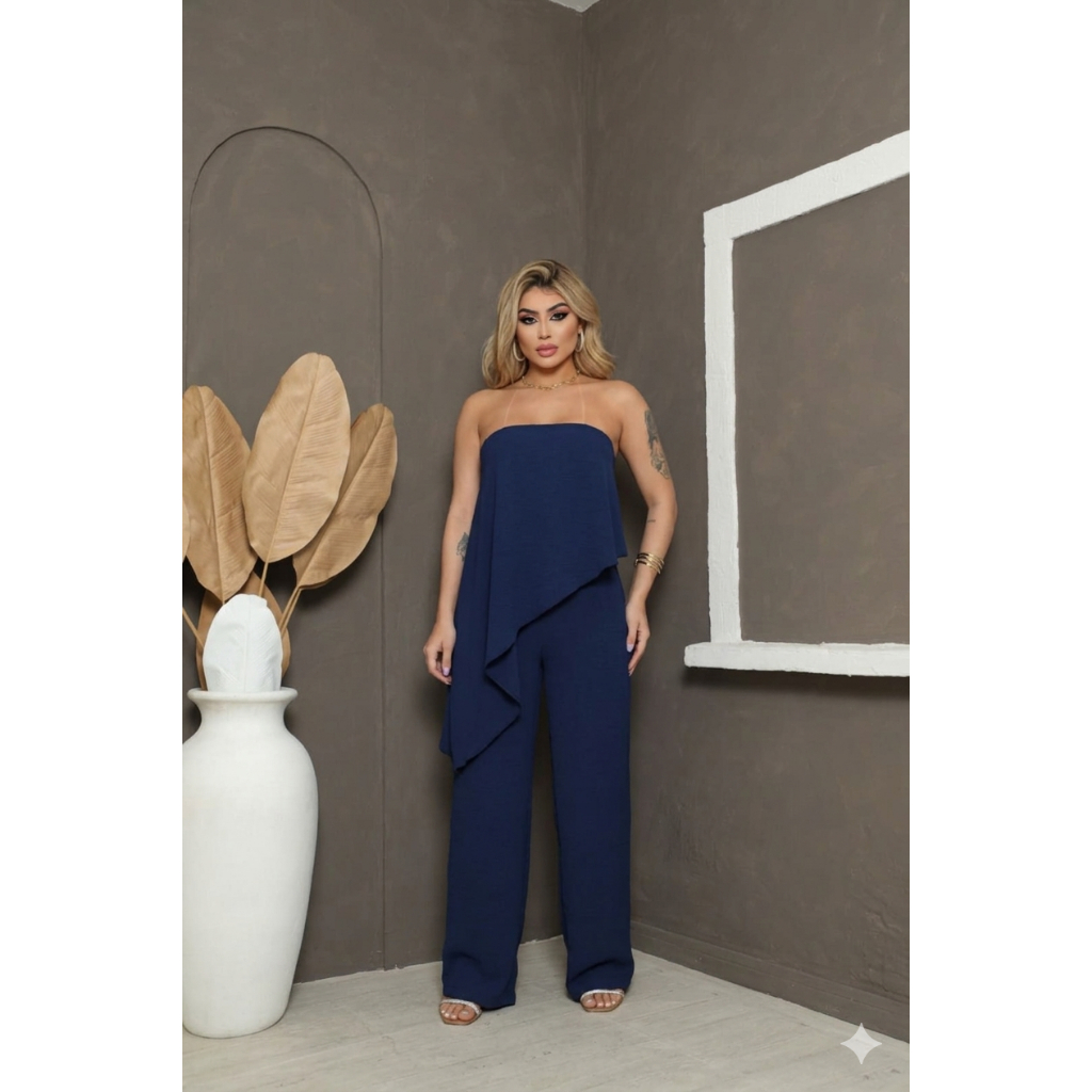 Macacão pantalona longo feminino assimétrica tomara que caia elegante para toda ocação tecido duna premium — imagem 2 de 2