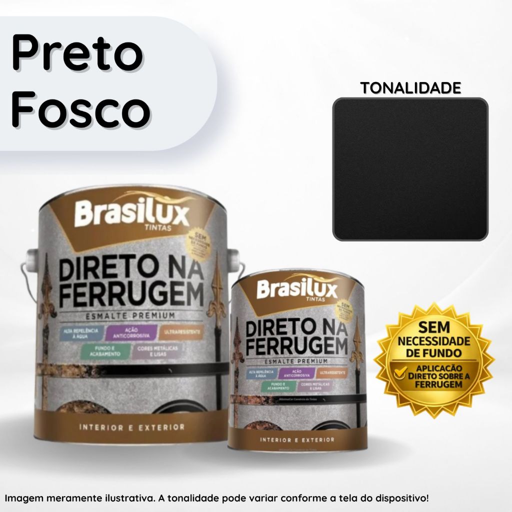 Tinta Esmalte Preto Fosco Premium Direto na Ferrugem 900ml e 3,6L Brasilux - Fundo e Acabamento