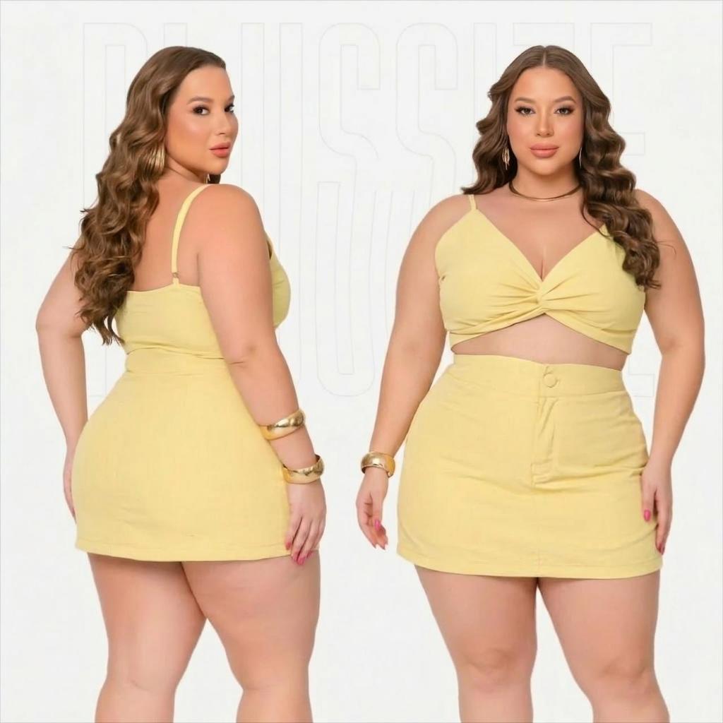 Conjunto Plus Size Feminino | Conjunto Plus Cropped + Short Saia em Oferta na Shopee