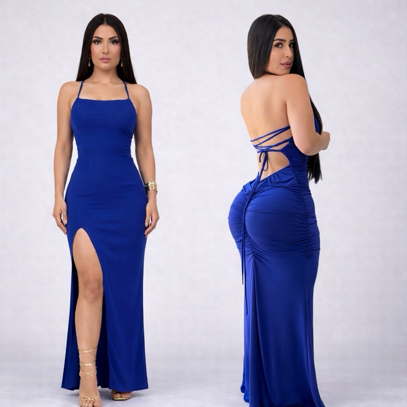 Vestido Longo Sexy Feminino com Amarração nas Costas, Fenda e Frufru no Bumbum em Oferta na Shopee