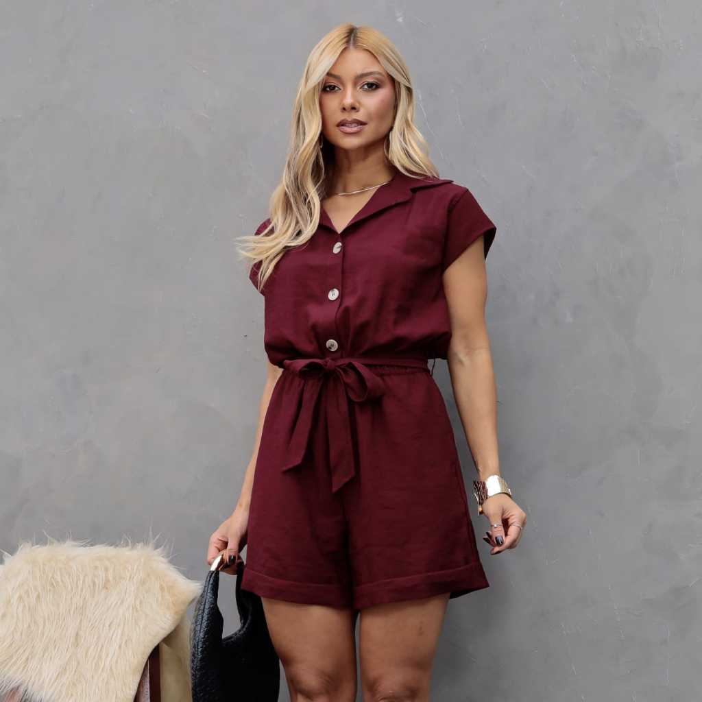 Macaquinho Feminino Elegante Marrant Premium Social Alfaiataria Moda Feminina contém Botões Frontais Com Cinto Casual