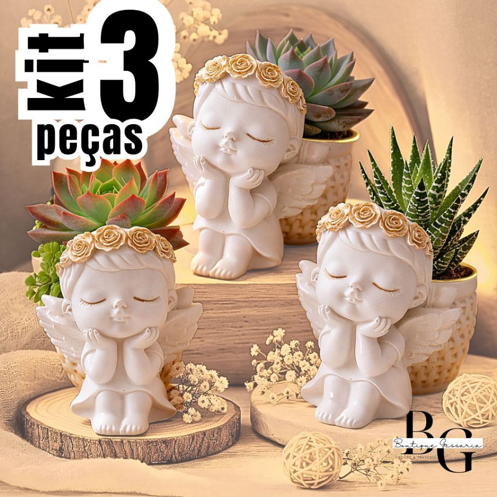 KIT Vasinho Cachepô - vaso para suculentas Anjinho em Gesso Decorativo para Suculenta | 3 ou 1 peça em Oferta na Shopee