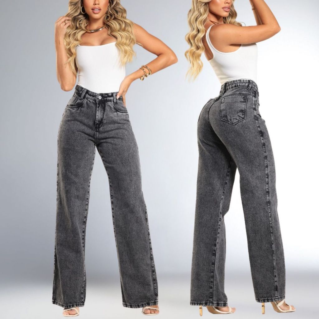 Calça Wide Leg Feminina Preta Cinza Grafite Original Cintura Alta Levanta Bumbum Linha Premium