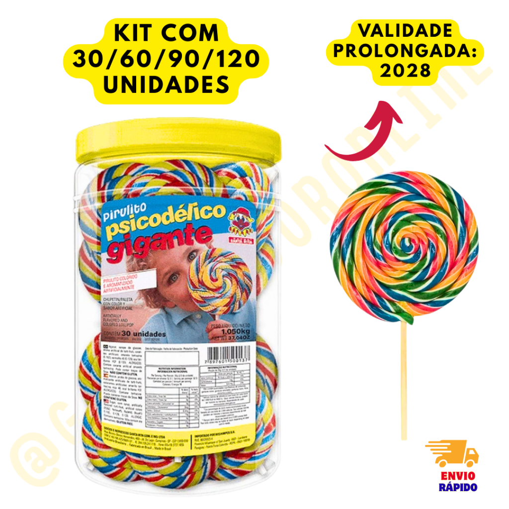 Pirulito Psicodélico Gigante Colorido Chaves 35g Pote Com 30 Unidades| Festa, Lembrancinha e Doces