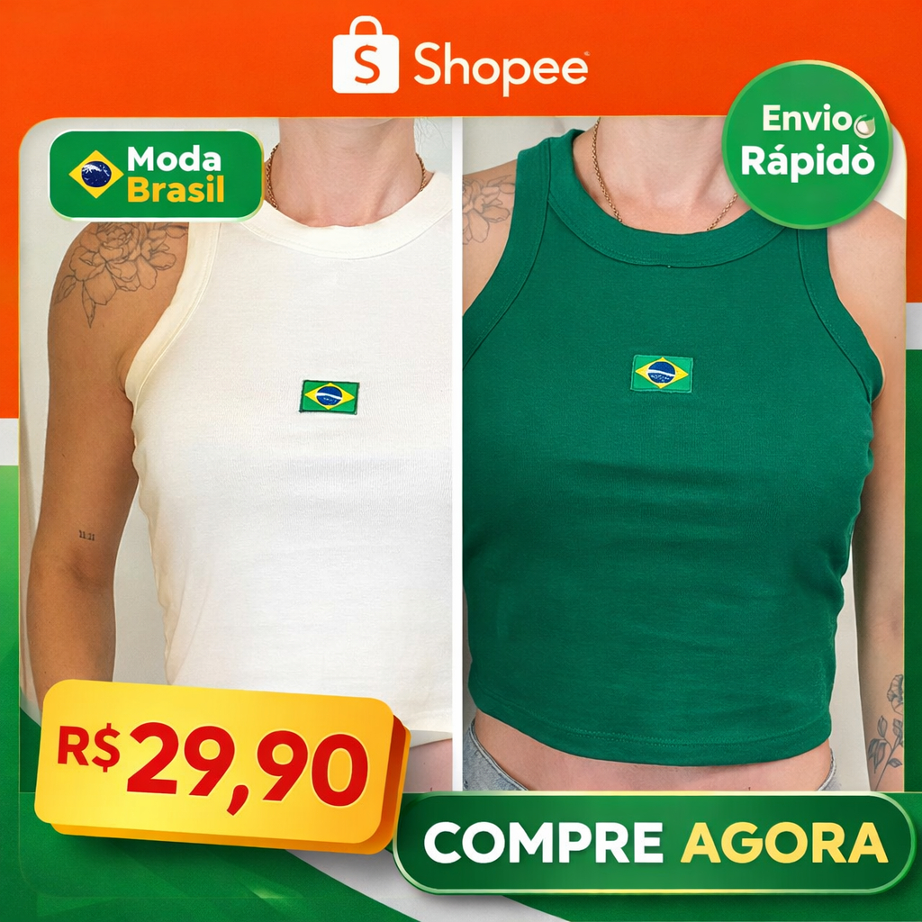 Blusa Regata Feminina Brasil Copa 2026 Torcida Oficial Estilo Blogueira Ribana Moda Bandeira Bordada Simbolo do Brasil